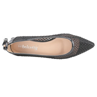 Ballet Flats Rhinestone Pointed Toe Fishnet Ankle Buckle Strap shoes - Belovely