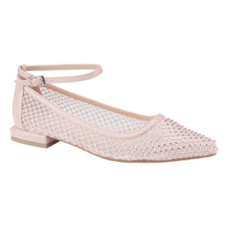 Ballet Flats Rhinestone Pointed Toe Fishnet Ankle Buckle Strap shoes - Belovely