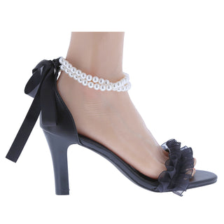 Ribbon Pearl Ankle Strap Lace upper Mid heels - Belovely