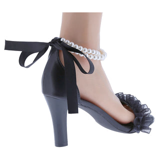 Ribbon Pearl Ankle Strap Lace upper Mid heels - Belovely