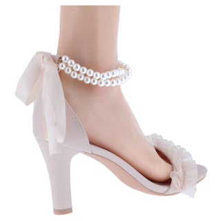 Ribbon Pearl Ankle Strap Lace upper Mid heels - Belovely