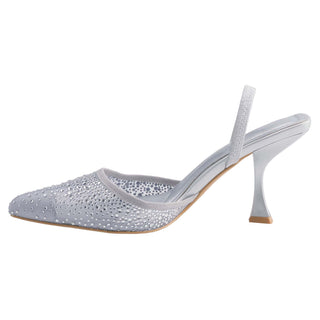 Rhinestone Pointed Toe Elastic slingback mid heels Party Shoes