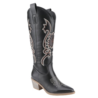 Western Cowgirl Wide Calf Embroidered Retro Boots Chunky Heel