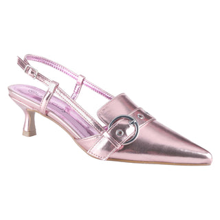 kitten heel Slingback upper buckle strap pointed toe Metallic