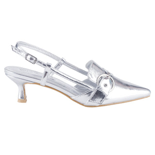 kitten heel Slingback upper buckle strap pointed toe Metallic